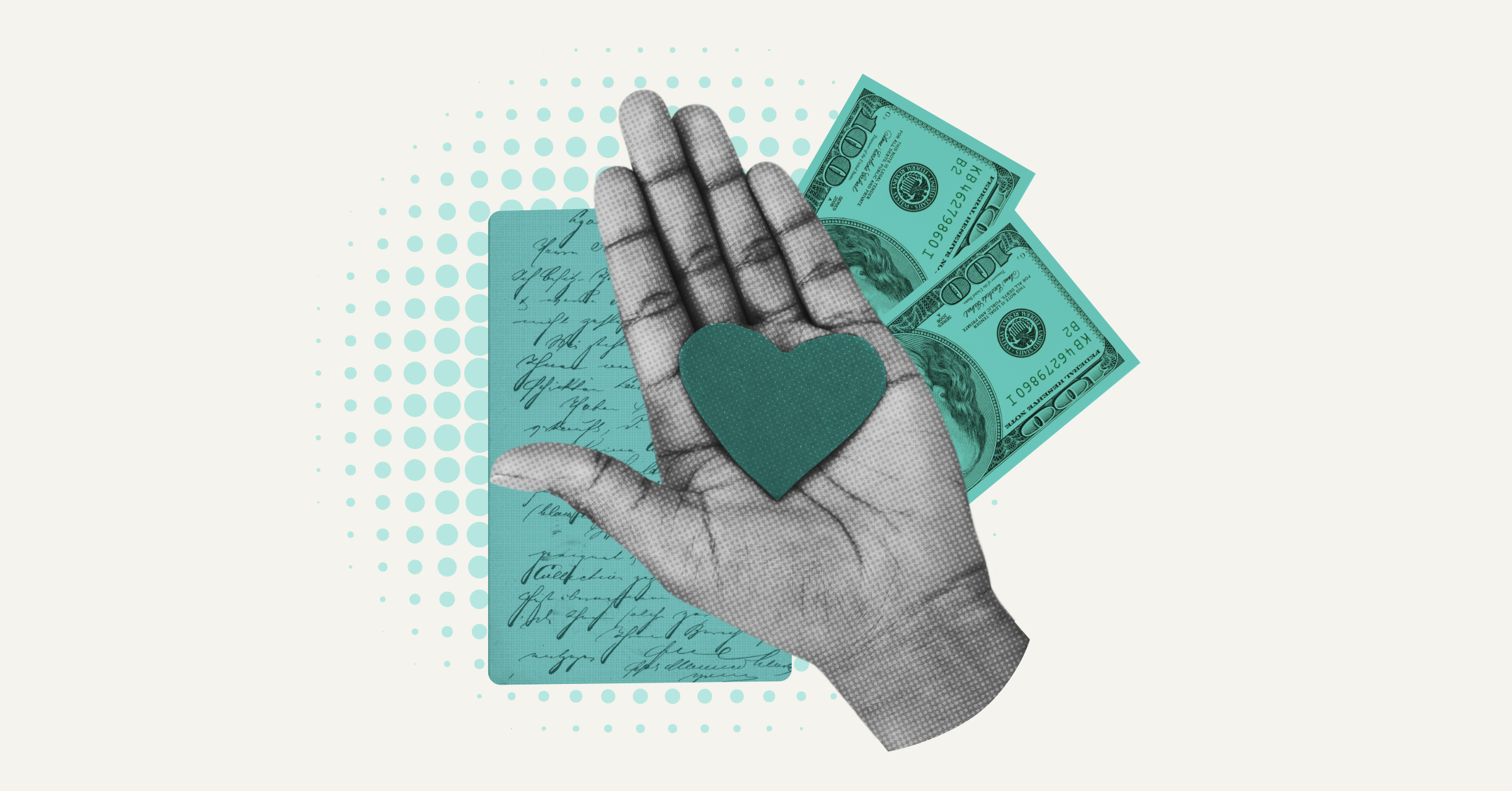 Hand holding a heart with money in the background