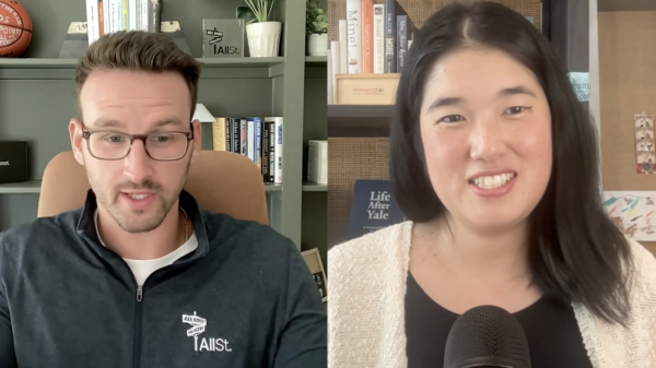 Image of two experts speaking on a podcast-webinar