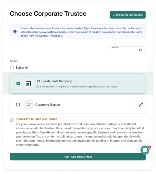 LPL Private Trust Company selected as a corporate successor trustee in Wealth.com's trust drafting workflow.